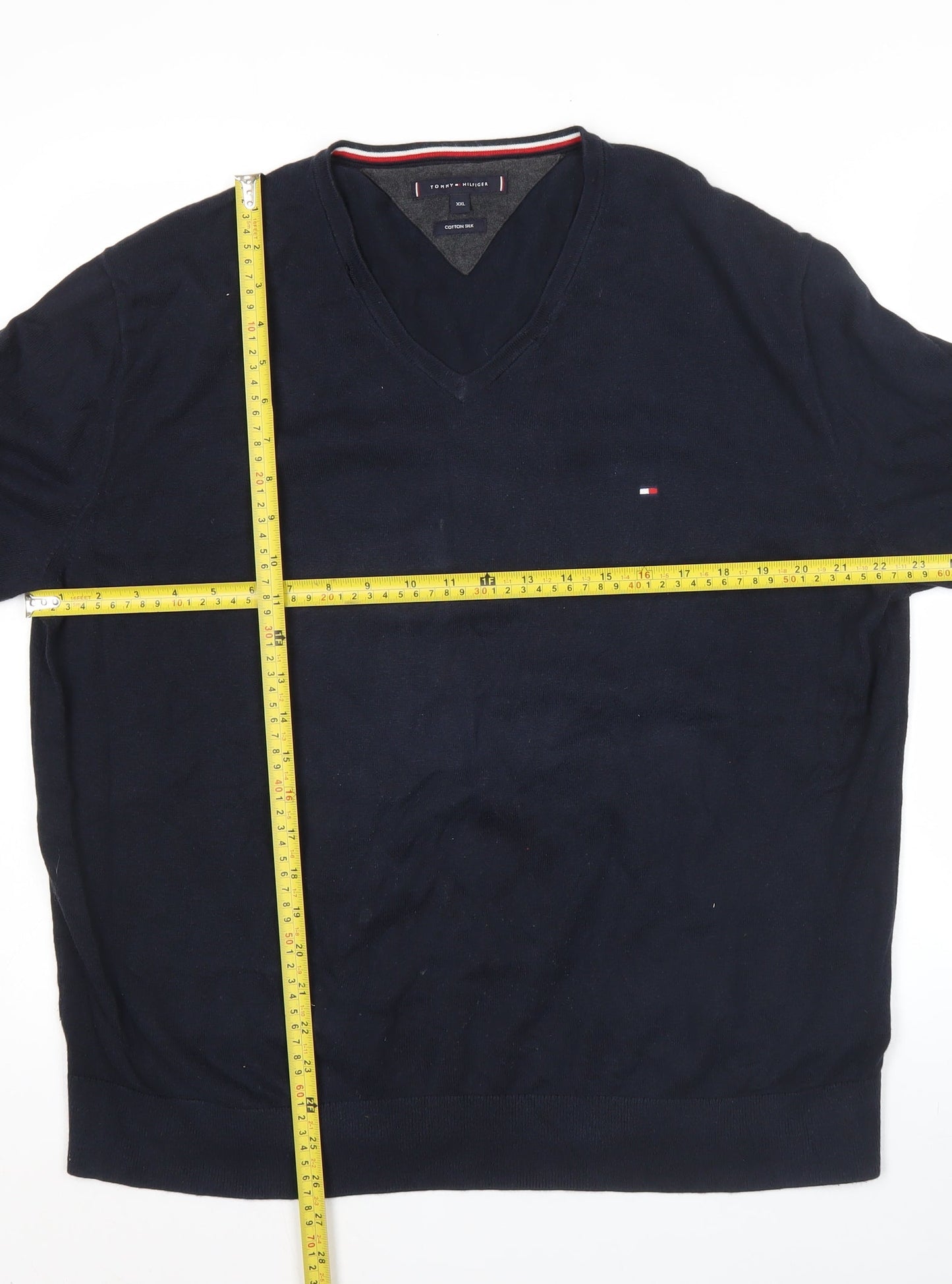 Tommy Hilfiger Men’s Blue 2XL V-Neck Cotton Silk Jumper