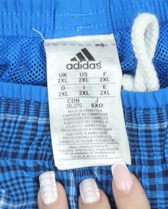 Adidas Men Blue Check 2XL Swim Shorts Elastic Waist Quick Dry