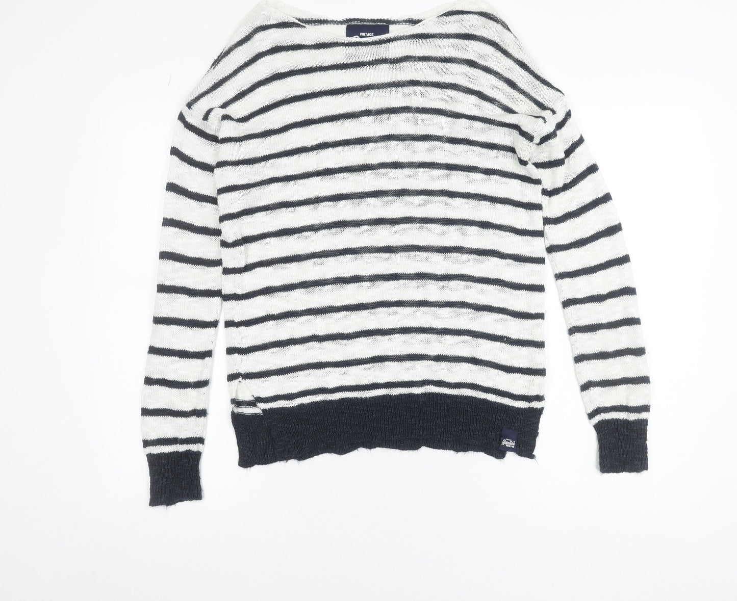 Superdry Women's White Striped Boat Neck Pullover Jumper Size S