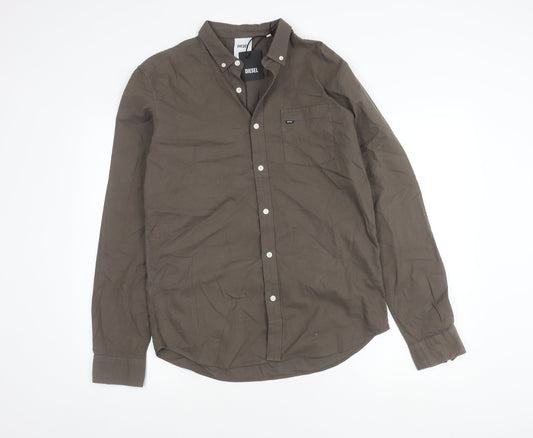 Diesel Men's Brown Button-Up Casual Shirt Medium 100% Cotton Long Sleeve