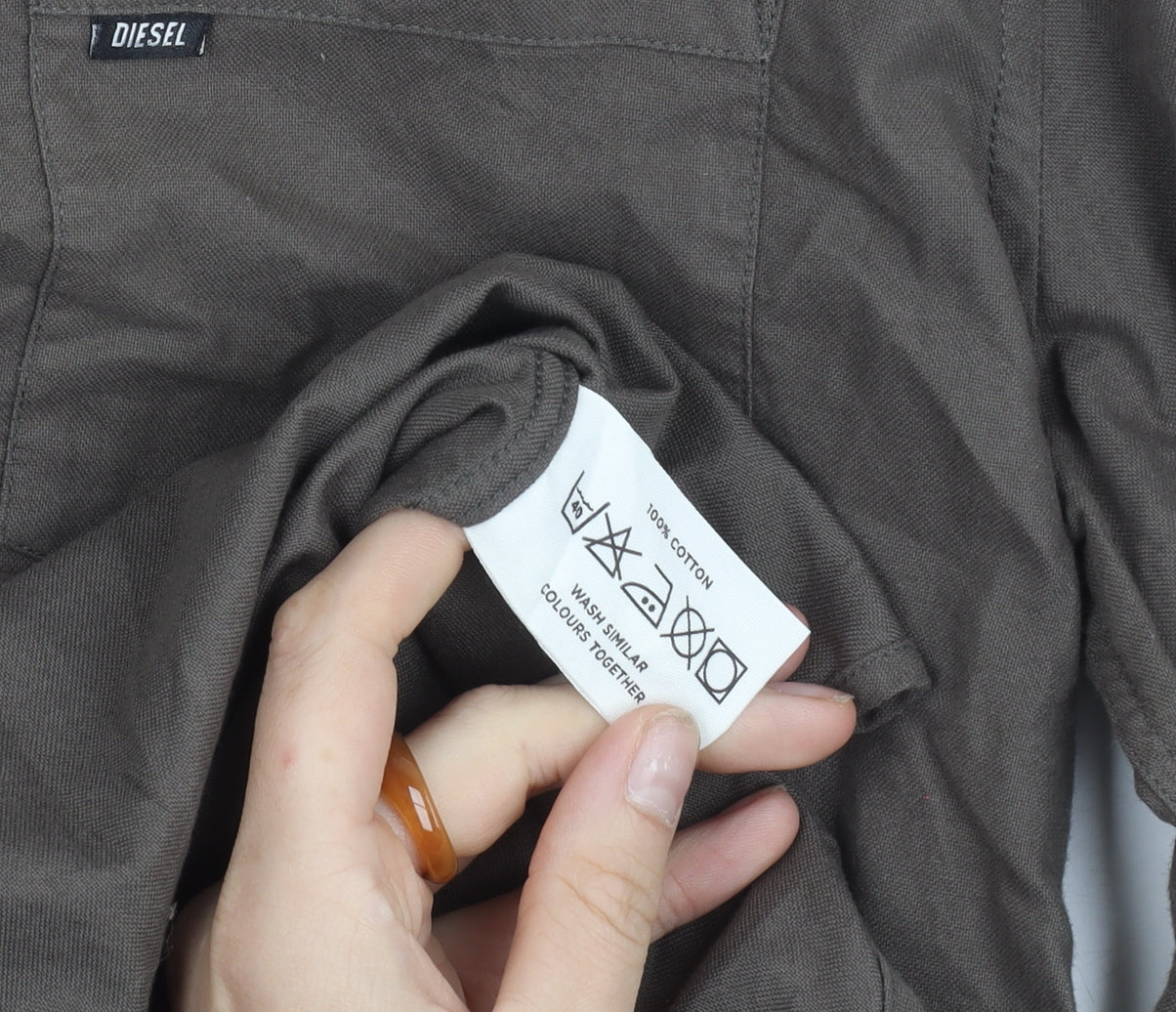 Diesel Men's Brown Button-Up Casual Shirt Medium 100% Cotton Long Sleeve