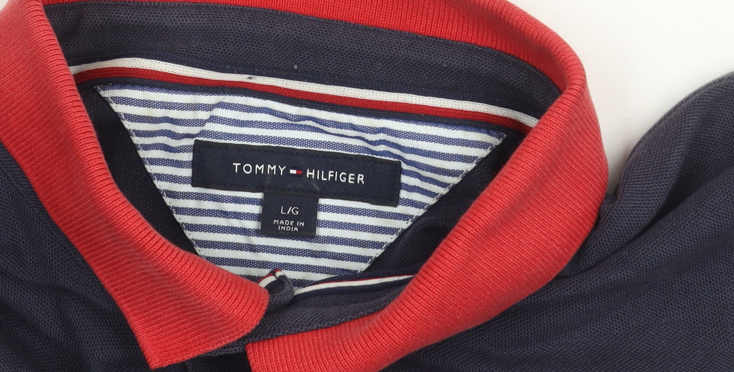 Tommy Hilfiger Men's Blue Red Collar Polo Shirt L Regular Fit