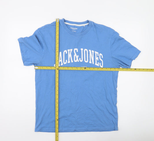 Jack & Jones Men’s Blue Large Cotton Crew Neck Graphic T-Shirt