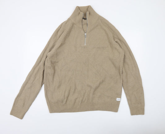Jack & Jones Men’s Beige XL 1/2 Zip High Neck Knit Jumper