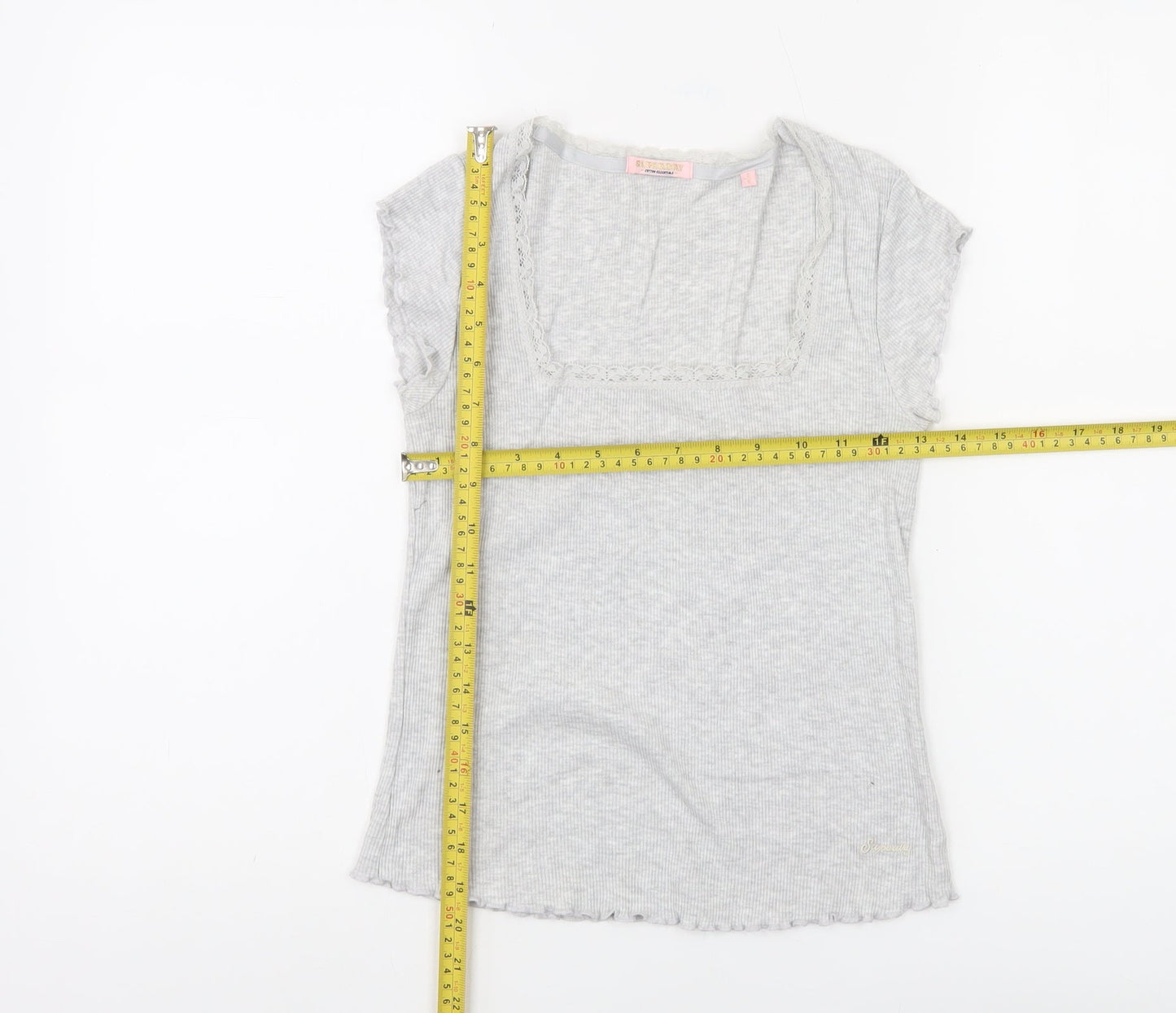 Superdry Women's Grey Lace Trim Square Neck Slim Fit T-Shirt Size 6