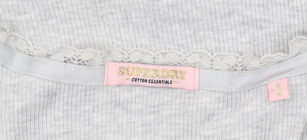 Superdry Women's Grey Lace Trim Square Neck Slim Fit T-Shirt Size 6