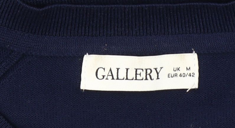 Brand and care label for Gallery women’s blue v-neck cotton jumper, size M