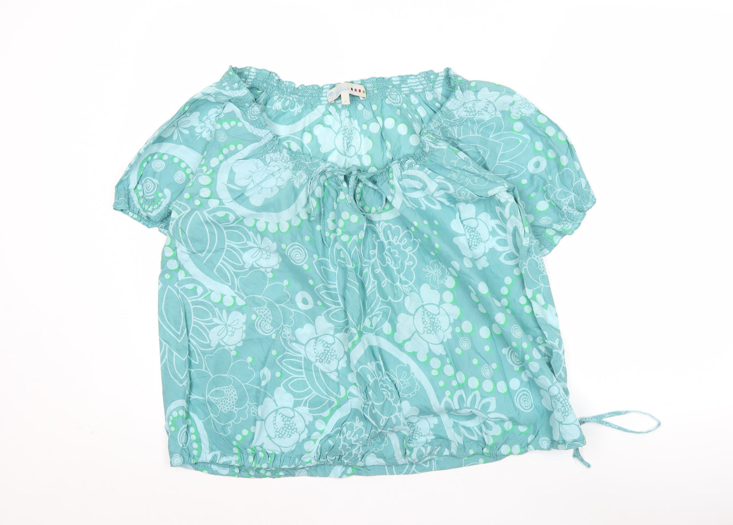 Fat Face Women Blue Floral Cotton Peasant Blouse Size 14