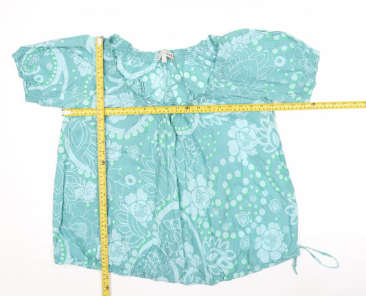 Fat Face Women Blue Floral Cotton Peasant Blouse Size 14