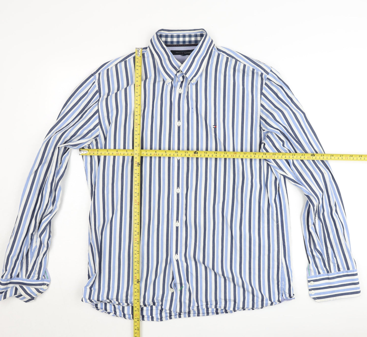 Tommy Hilfiger Men’s Blue Striped Button-Down L Cotton Shirt