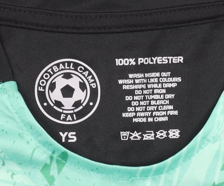 Brand and care label for Football Camp FAI boys’ green black short sleeve t-shirt size ys polyester sportswear