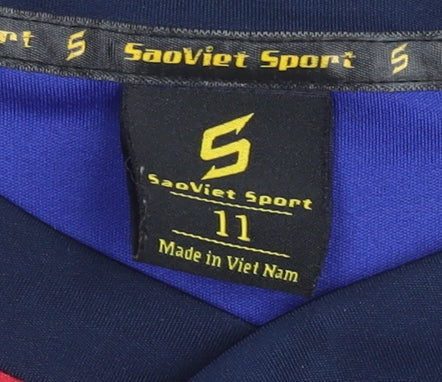 Brand and care label for SaoViet Sport boys’ blue red barcelona football shirt, size 11, short sleeve polyester