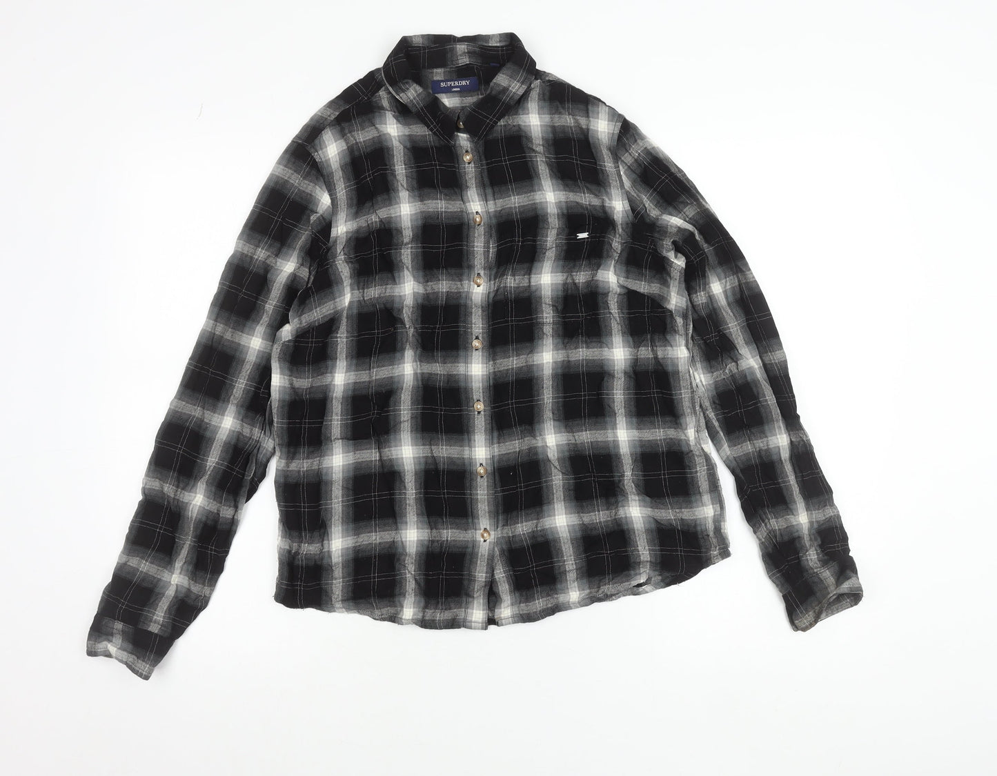 Superdry Women Black Check Long Sleeve Button-Up Shirt Size 12