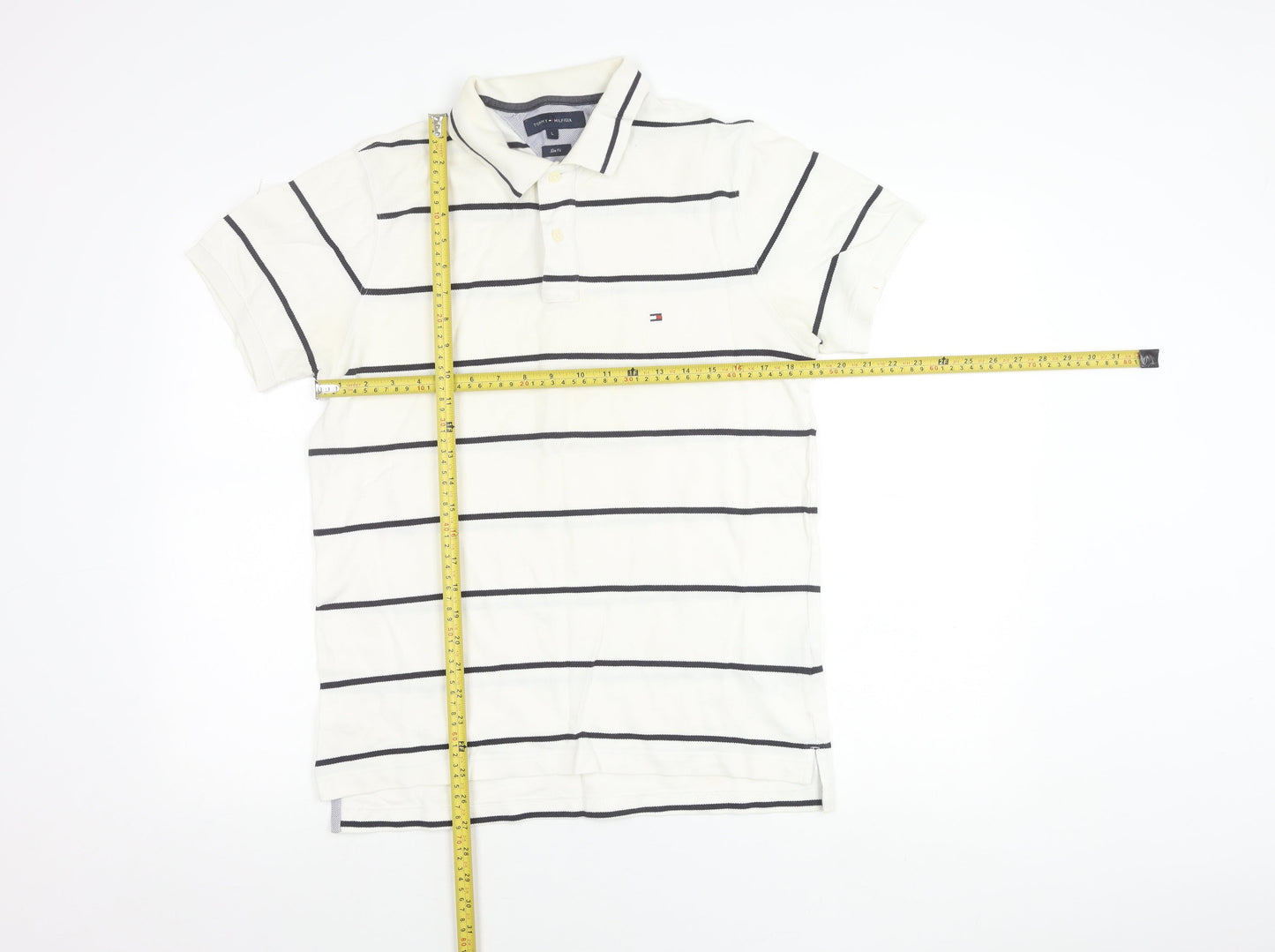 Tommy Hilfiger Men's White Striped Slim Fit Polo Shirt Size L