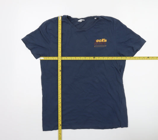 Jack & Jones Men Blue L Short Sleeve Crew Neck Cotton T-Shirt