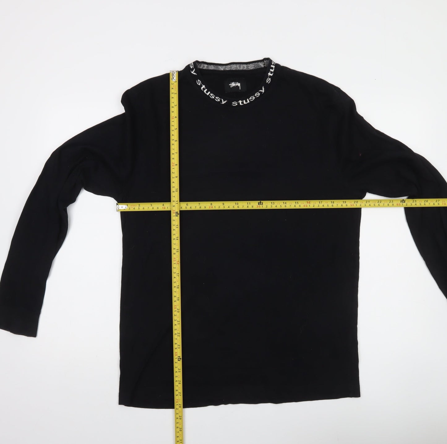 Stussy Men’s Black Long Sleeve Cotton Logo Neck Pullover M