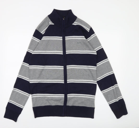 Additional front view of Lee Cooper Men's Grey Navy Striped Full Zip Jumper, size M