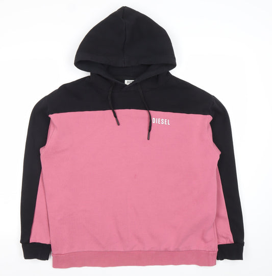 Diesel Womens Black Pink Hoodie L Colourblock Cotton Blend Pullover