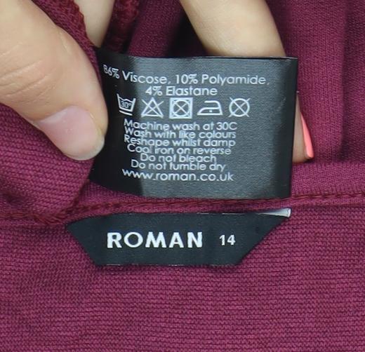 Brand and care label for Roman Women’s Purple Studded Shift Dress, size UK 14, Short Sleeve Knee Length