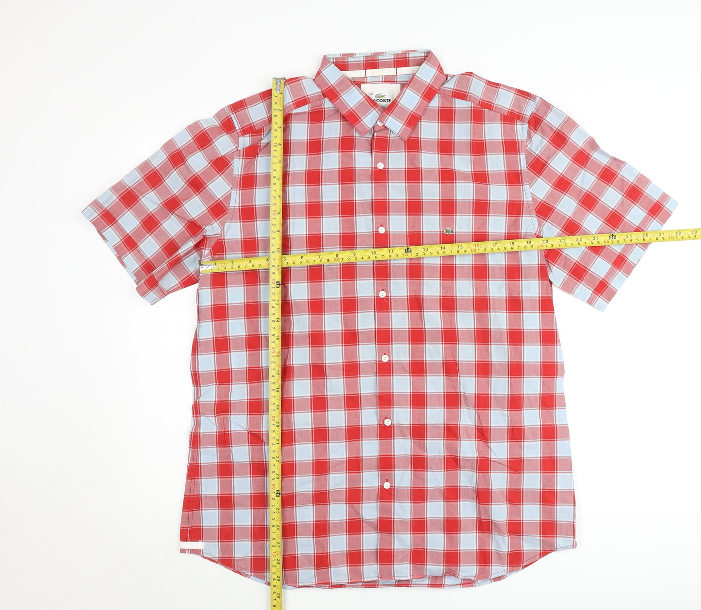 Lacoste Mens Red Check Short Sleeve Regular Fit Button-Up Shirt Size L
