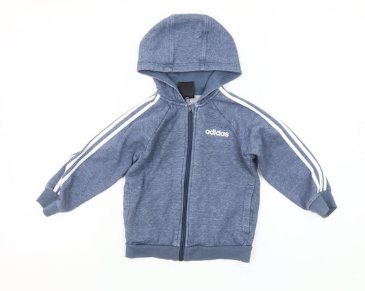 Adidas Boys Blue Full Zip Hoodie 2-3 Years Cotton Blend Sportswear