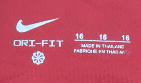 Brand and care label for Nike boys’ red lfc dry-fit football shorts, size 16, years athletic fit