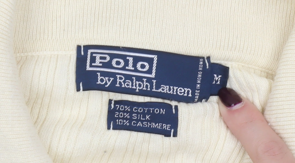 Polo Ralph Lauren Women's Ivory Collared Henley Jumper M Cotton Silk Cashmere
