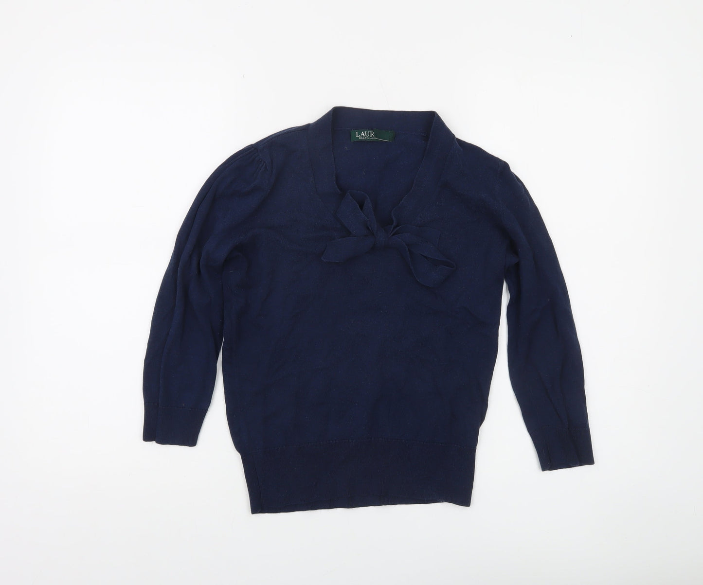 Ralph Lauren Women's Blue Bow V-Neck Cotton Jumper XS