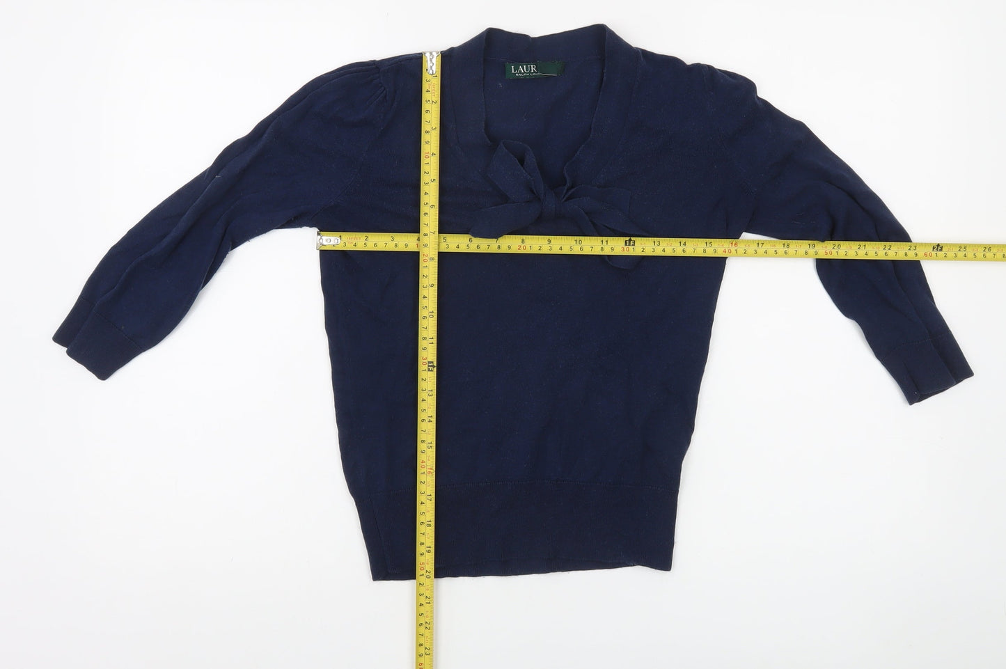 Ralph Lauren Women's Blue Bow V-Neck Cotton Jumper XS