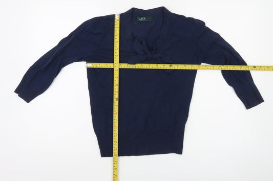 Ralph Lauren Women's Blue Bow V-Neck Cotton Jumper XS