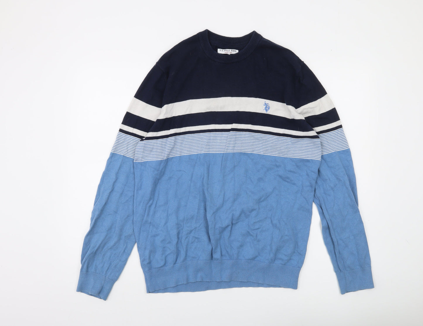 U.S. Polo Assn. Men's Blue Striped Cotton Crew Neck Jumper Size L