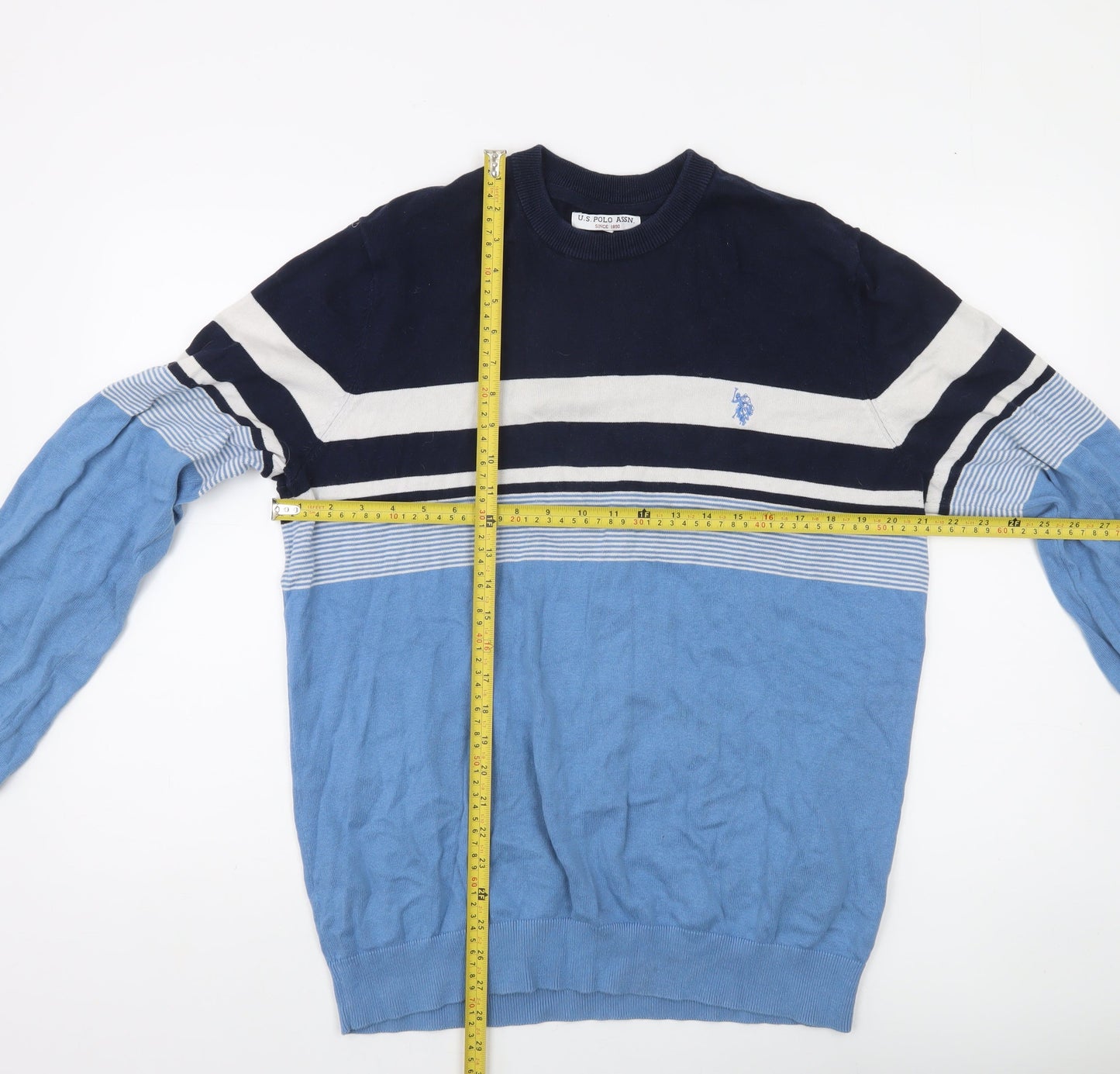 U.S. Polo Assn. Men's Blue Striped Cotton Crew Neck Jumper Size L