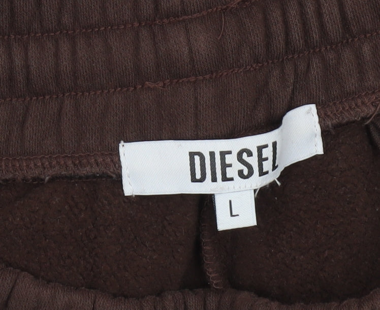 Diesel Women Brown Fleece Sweatpants L Logo Elastic Waist