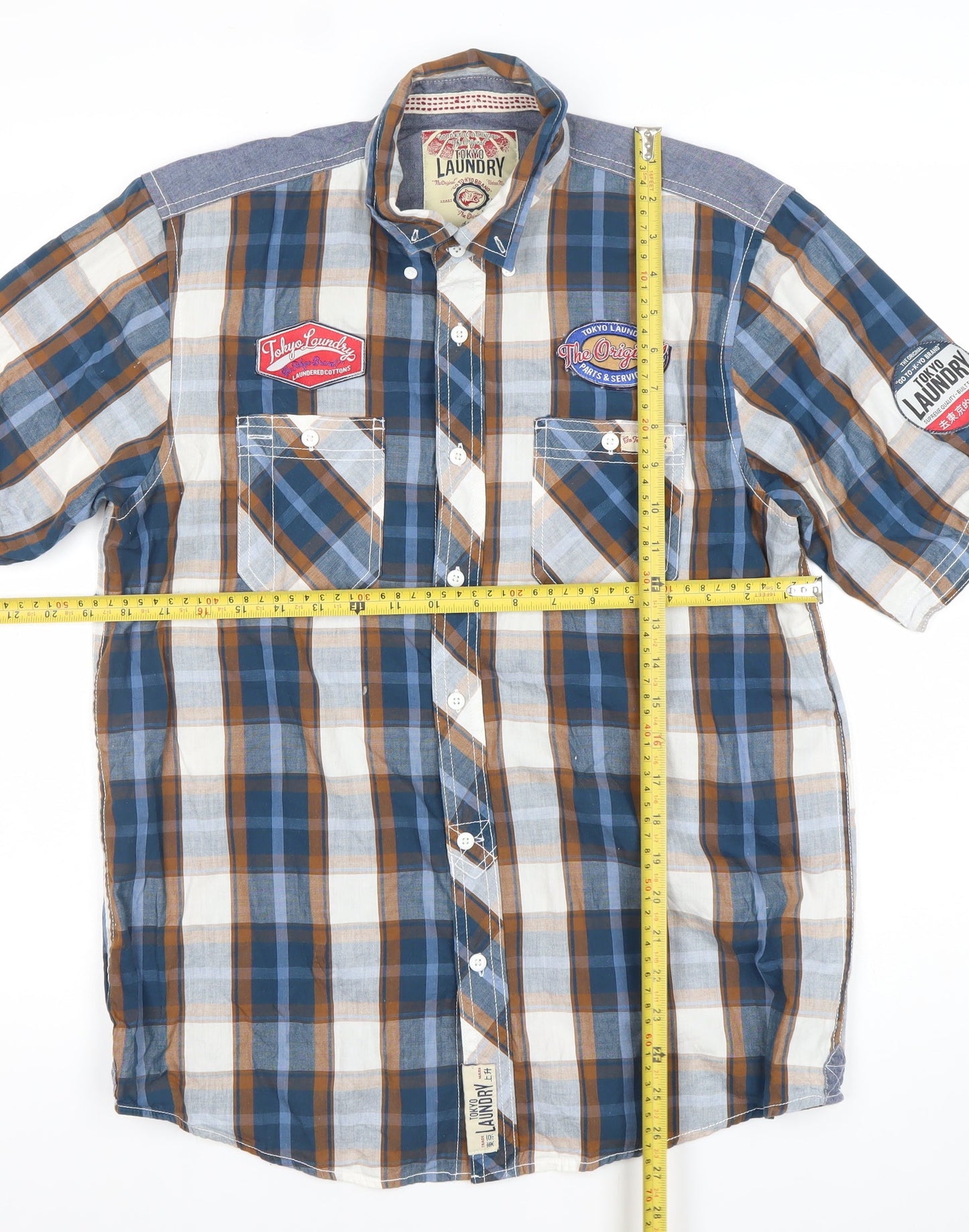 Tokyo Laundry Men’s Blue Checked Short Sleeve Button-Up Shirt Medium
