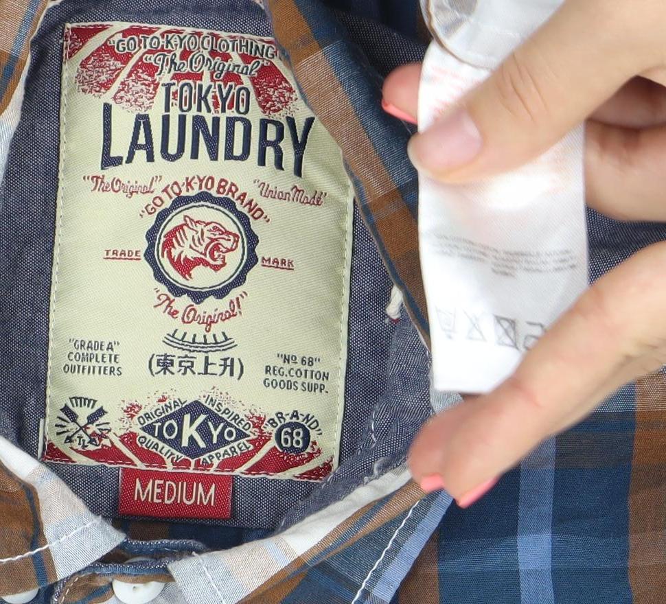 Tokyo Laundry Men’s Blue Checked Short Sleeve Button-Up Shirt Medium