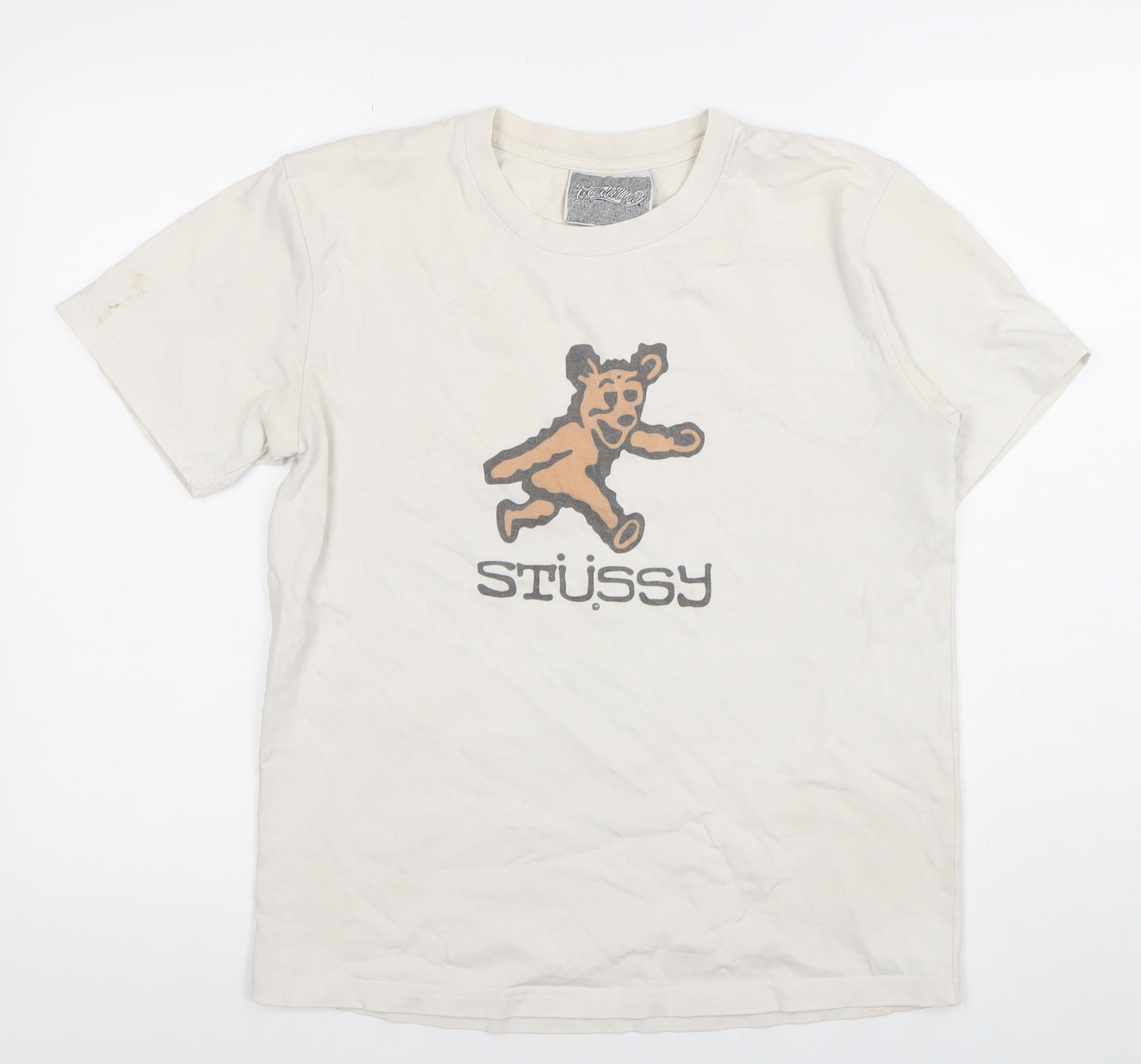 Stussy Women Beige Graphic Bear T-Shirt M Vintage Casual Top