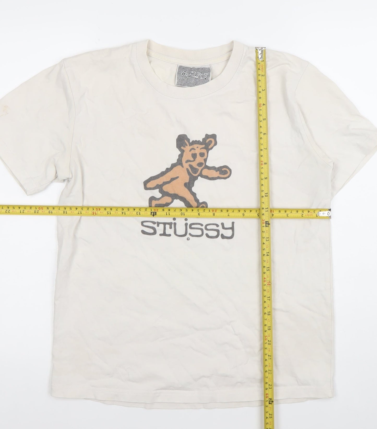 Stussy Women Beige Graphic Bear T-Shirt M Vintage Casual Top