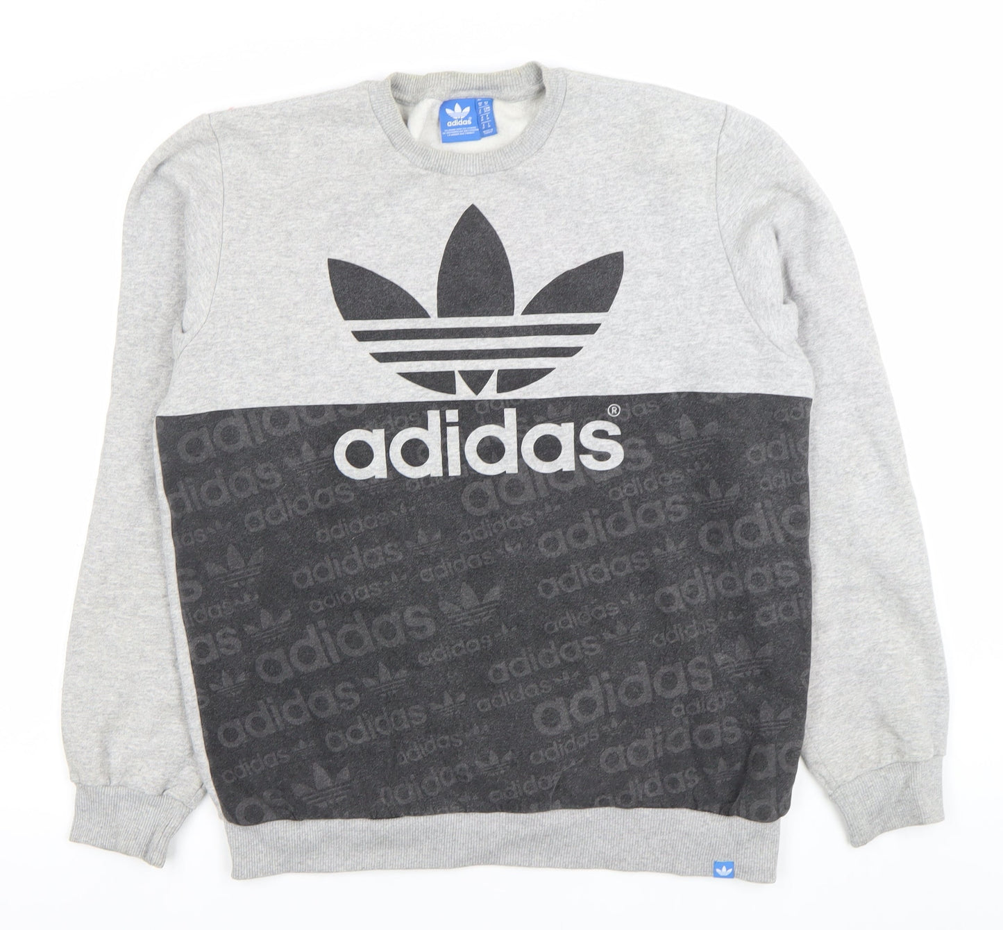 Adidas Mens Grey Crew Neck Sweatshirt M Logo Cotton Blend Pullover