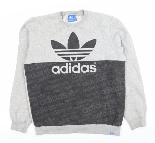 Adidas Mens Grey Crew Neck Sweatshirt M Logo Cotton Blend Pullover