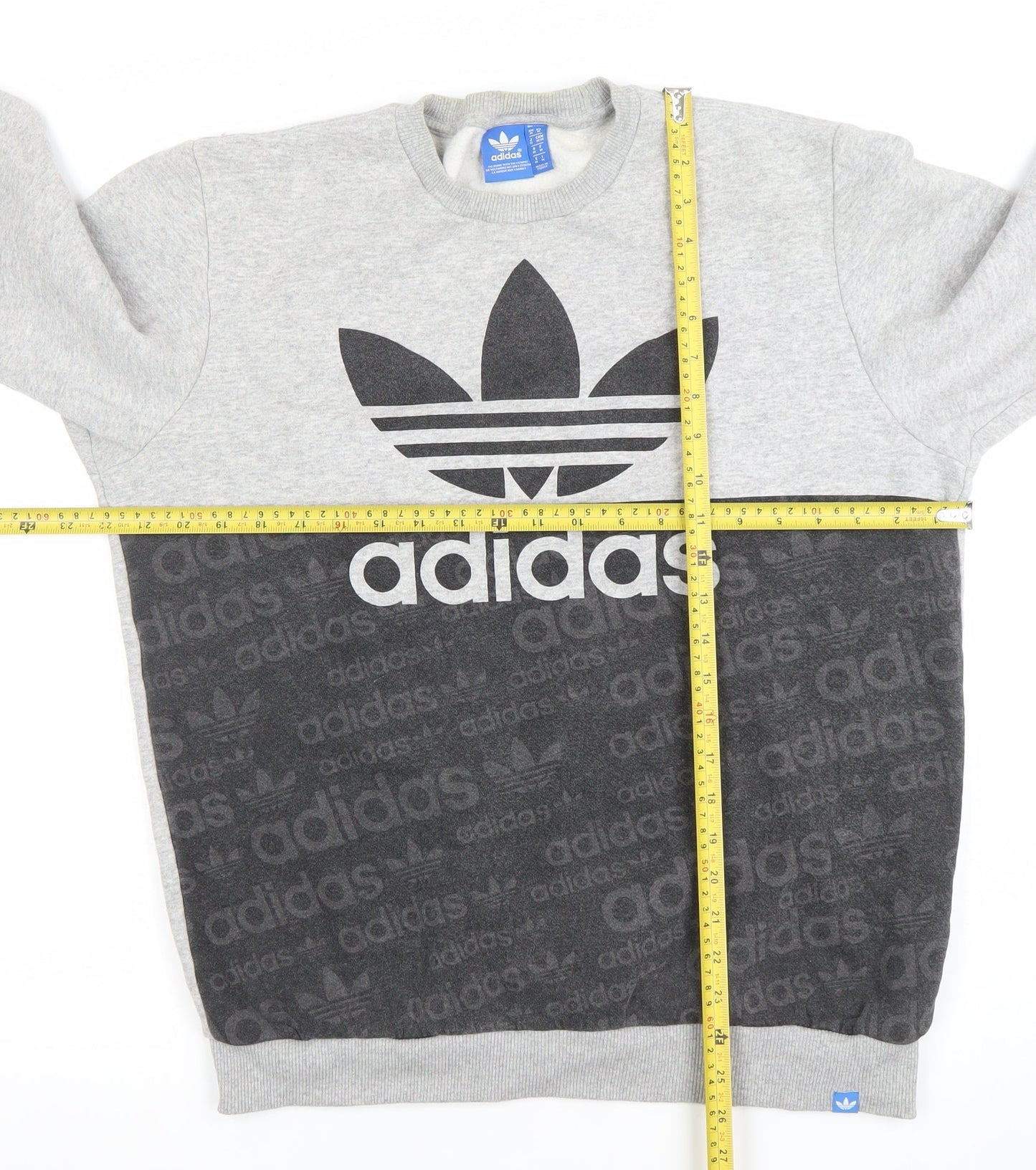 Adidas Mens Grey Crew Neck Sweatshirt M Logo Cotton Blend Pullover