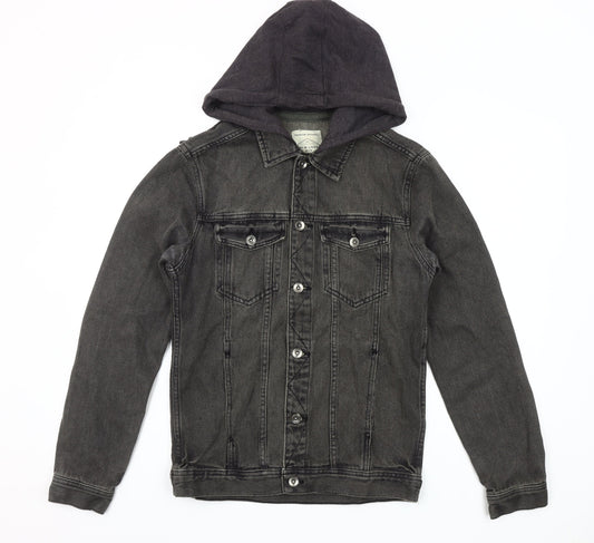 New Womens Look Grey Denim Hooded Jacket Classic Style Size S