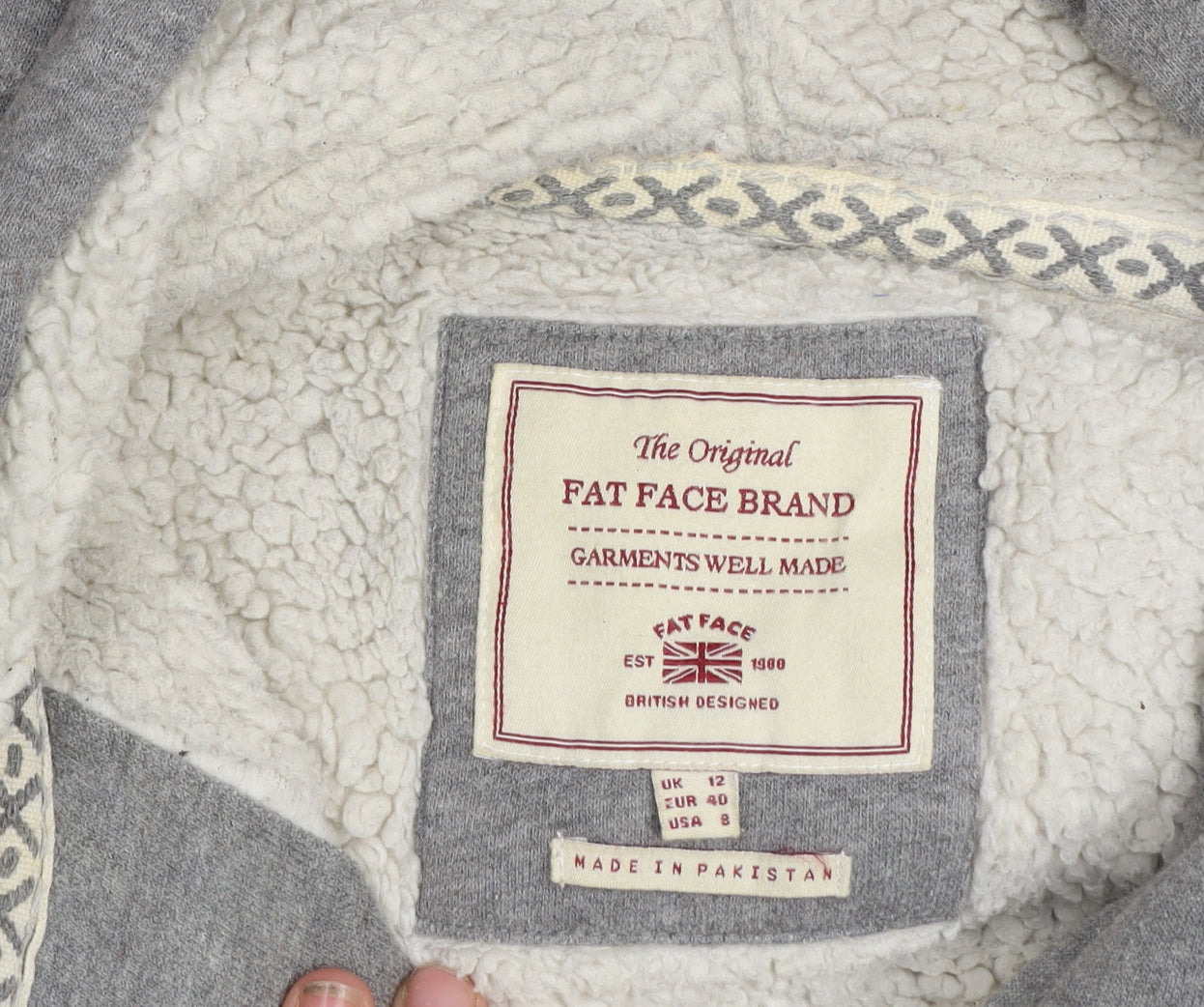 Fat Face Men's Grey Hooded Full Zip Fleece Lined Cotton Jacket L