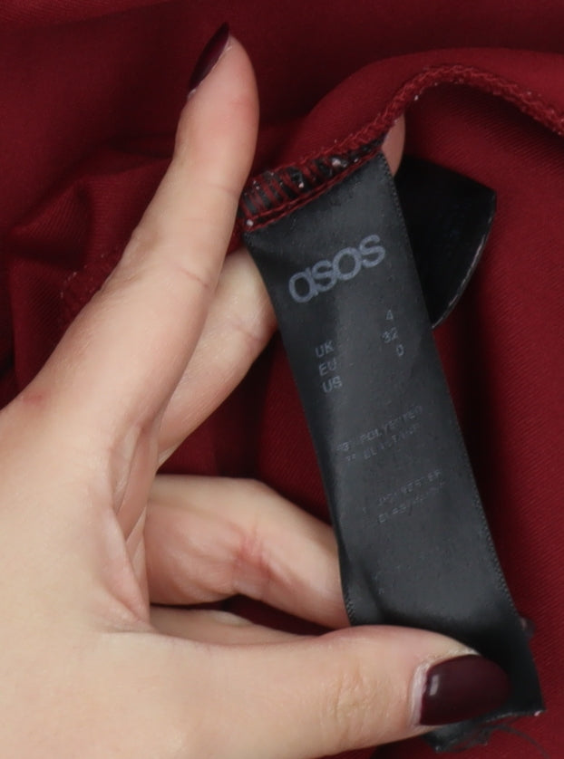 Brand and care label for ASOS Women's Red A-Line Midi Skirt, size 4, High Waist Stretch