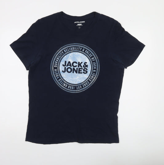 Jack & Jones Men's Blue Slim Fit Graphic Print T-Shirt Size L