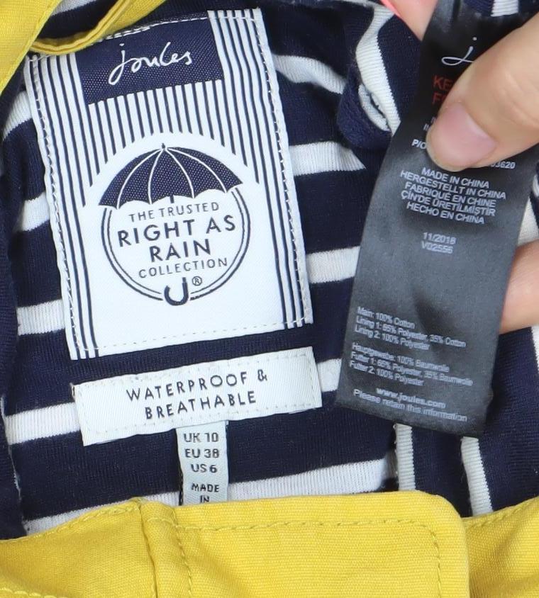 Joules Womens Yellow Waterproof Rain Coat Jacket Size 10 Hooded