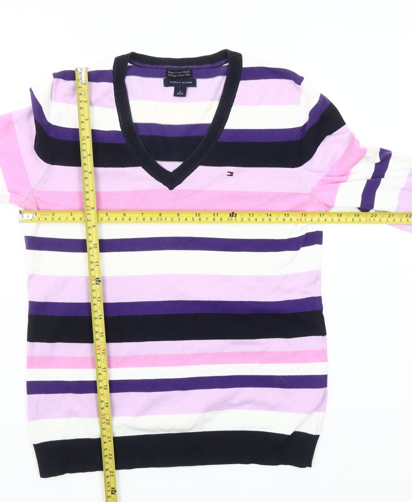 Tommy Hilfiger Womens Multicoloured V-Neck Cotton Blend Jumper Size M