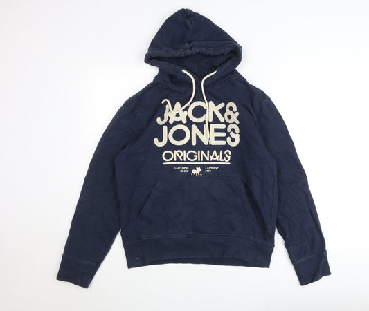 Jack & Jones Mens Blue Pullover Hoodie L Graphic Fleece Sweatshirt