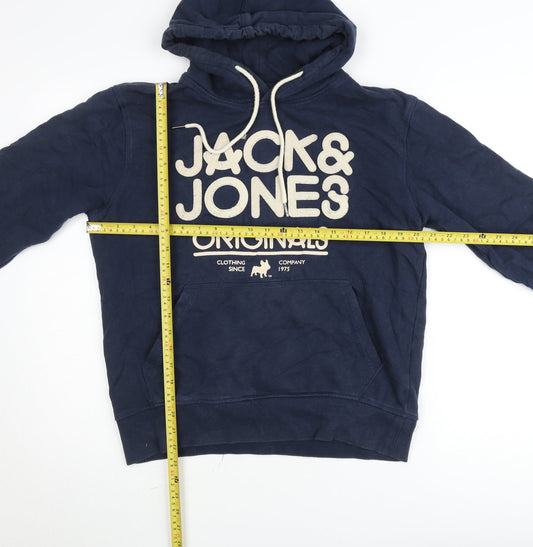 Jack & Jones Mens Blue Pullover Hoodie L Graphic Fleece Sweatshirt