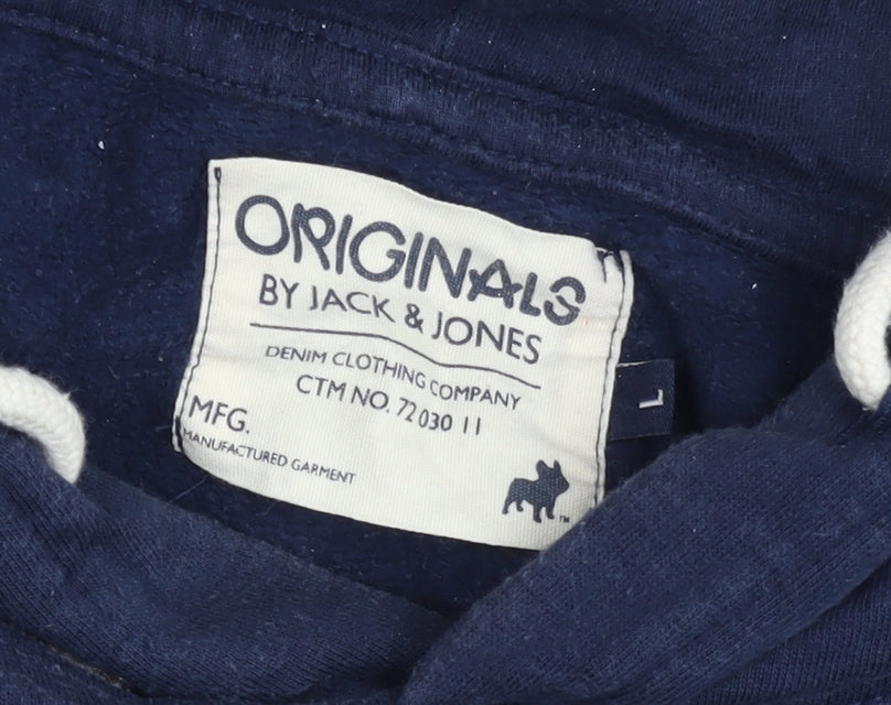 Jack & Jones Mens Blue Pullover Hoodie L Graphic Fleece Sweatshirt