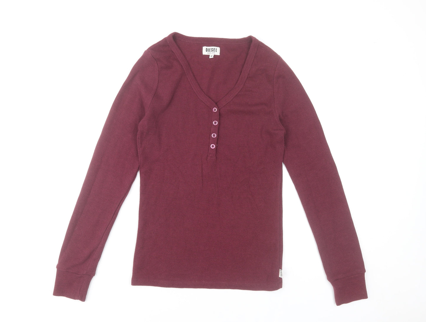 Diesel Womens Red V-Neck Long Sleeve Slim Fit Top Size M